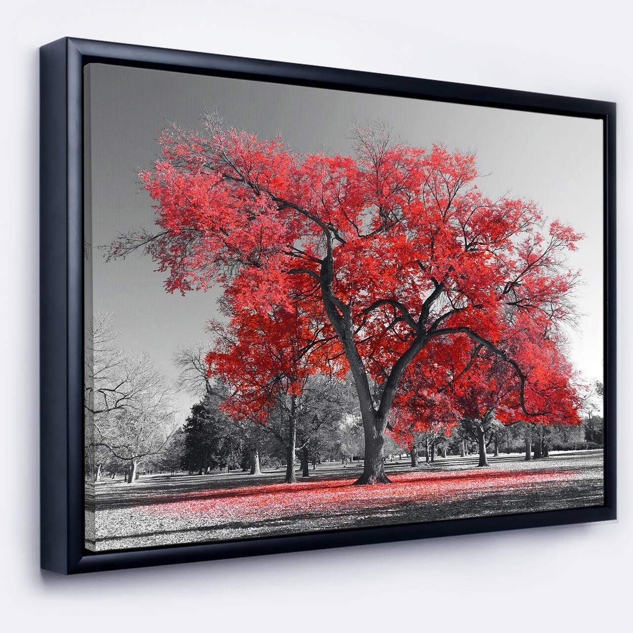Designart - Big Red Tree on Foggy Day - Landscape Framed Canvas Art Print